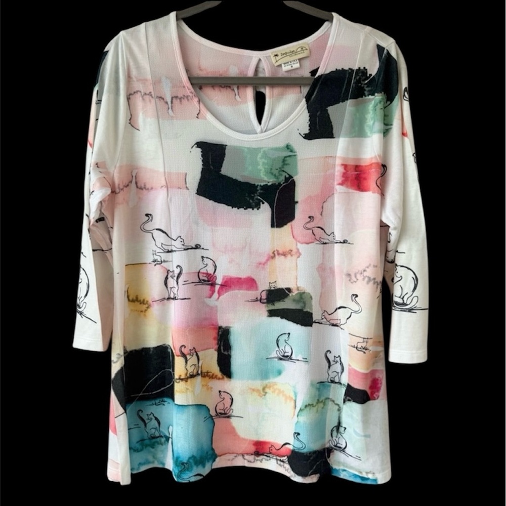 Abstract cat novelty print mixed fabric top blouse like new SzM made in USA